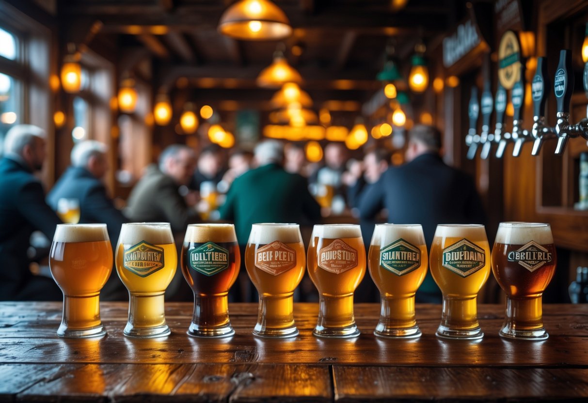 A cozy pub scene with a wooden table displaying several glasses of beer in different colors, warm lighting, and blurred people in the background.