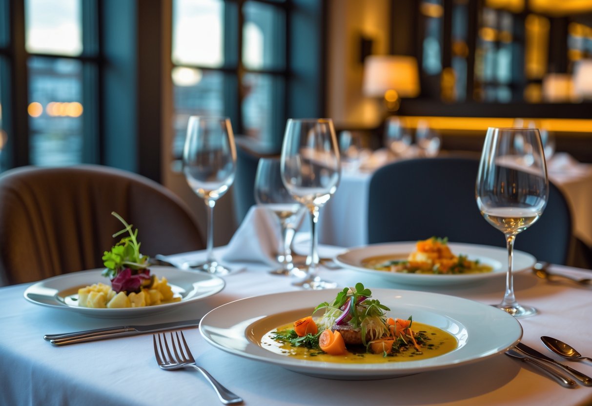 A neatly set table in an elegant restaurant with plated gourmet dishes and wine glasses, creating a warm and inviting dining atmosphere.