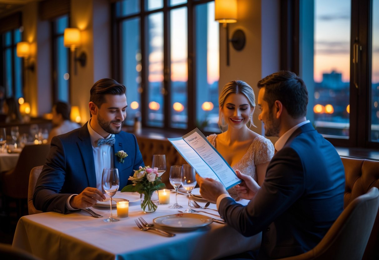 A couple seated at a restaurant table in Dublin, talking with a waiter while looking at a menu.