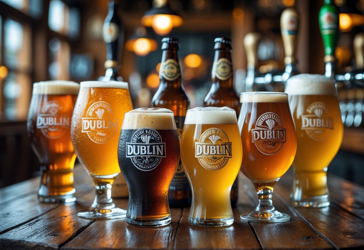 A table displaying several glasses and bottles of different types of craft beer with a warm, cozy pub background.