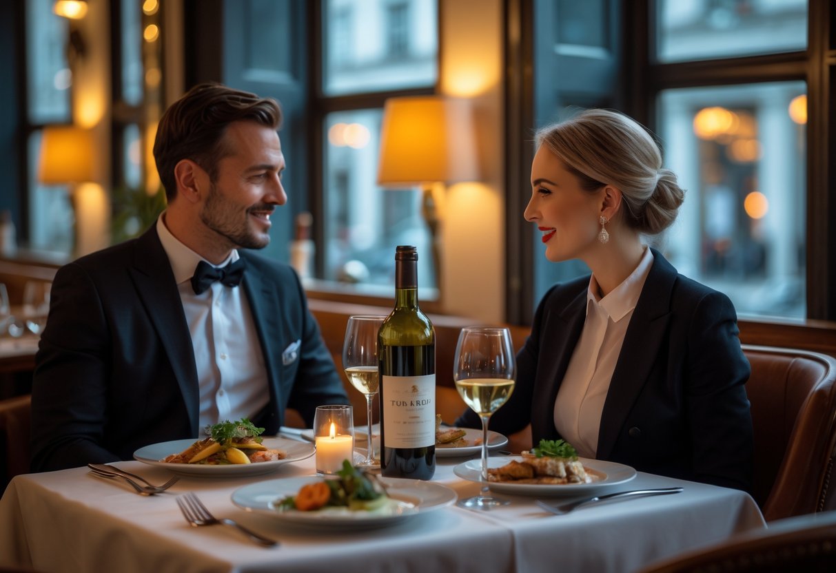 A couple dining at a restaurant table with gourmet dishes and wine, with city views through the windows.
