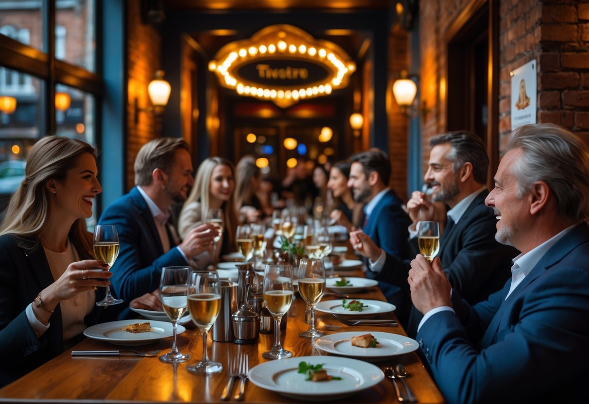 An elegant restaurant interior in Dublin with diners enjoying a pre-theatre meal, featuring warm lighting and a cozy atmosphere.