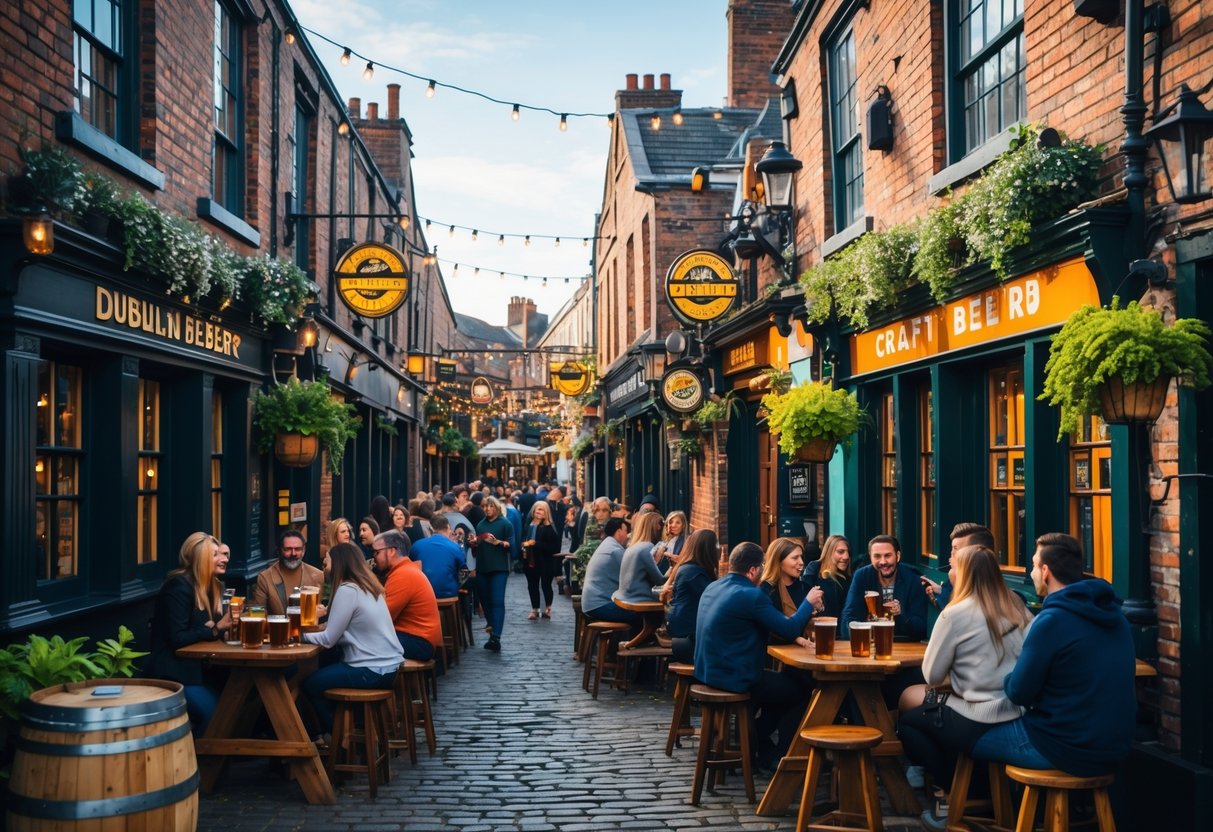 A lively Dublin street with historic buildings, outdoor seating, and people enjoying craft beers in a bustling neighborhood.