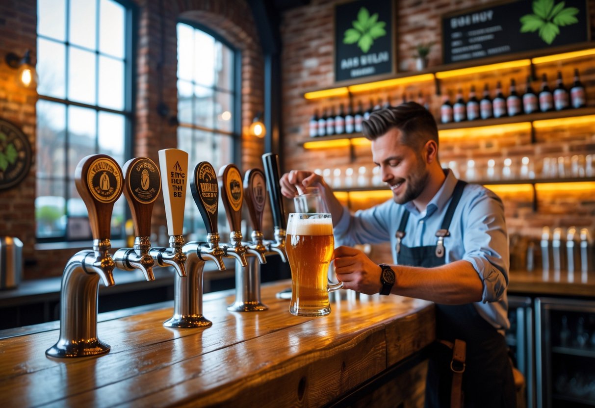 A bartender pouring a pint of craft beer at a cozy local brewery with wooden bar and shelves of beer bottles.