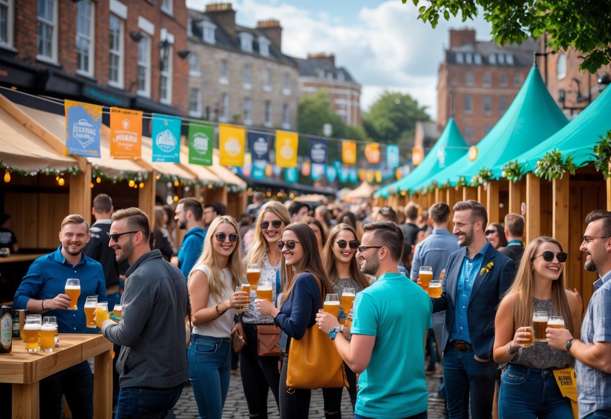 People enjoying an outdoor craft beer festival in Dublin with wooden stalls and historic buildings in the background.