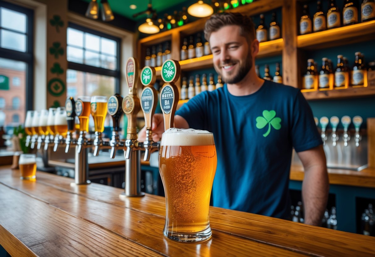 A bartender pouring a pint of craft beer in a cozy bar with wooden tables and shelves filled with colorful beer bottles.
