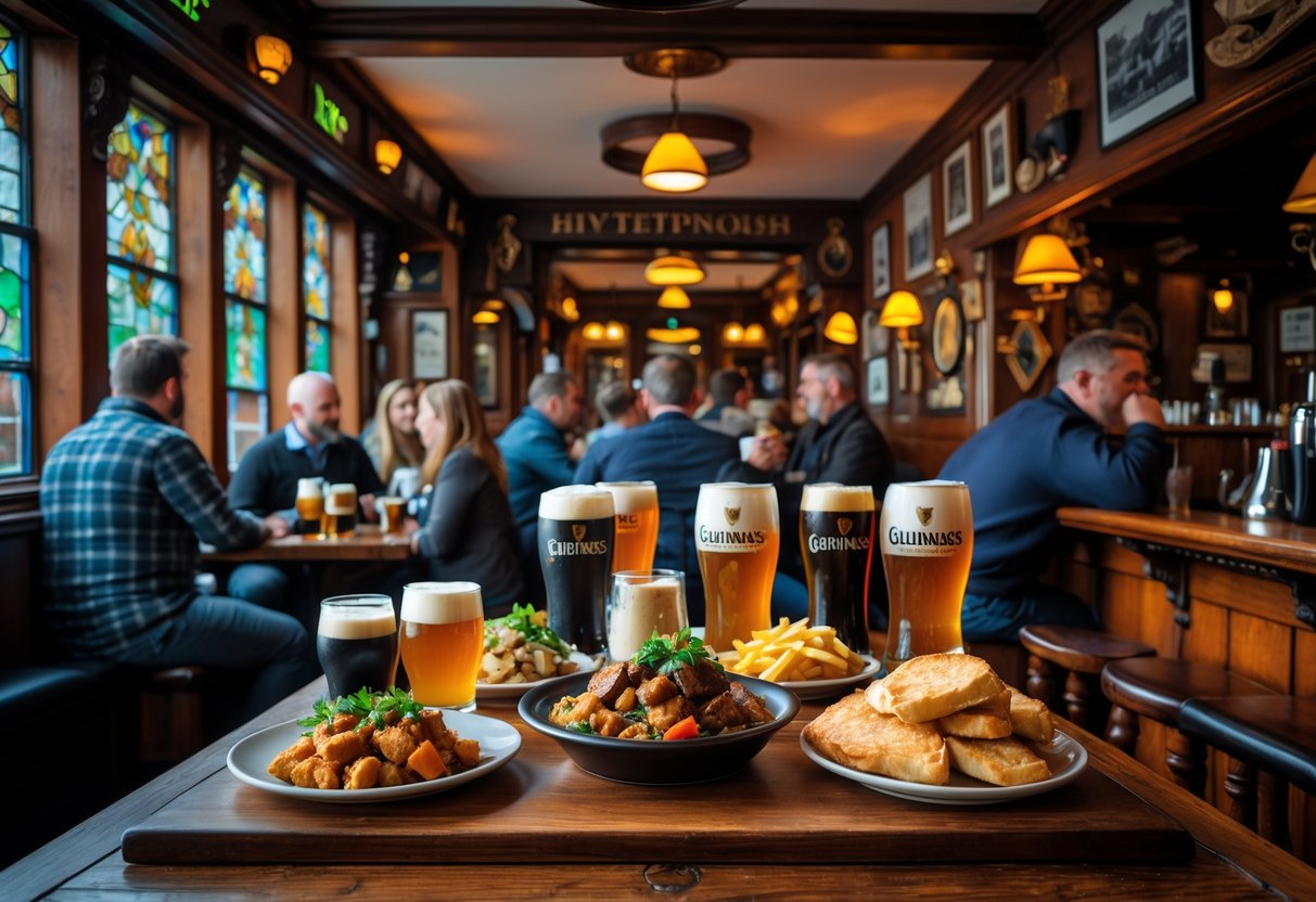 Interior of a historic Dublin pub with wooden furnishings and traditional decor, showing plates of classic Irish pub food and pints of beer on a table surrounded by people enjoying their meals.
