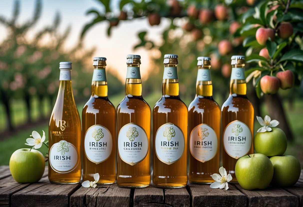 A wooden table with various bottles of Irish craft cider, fresh green apples, and apple blossoms, with an apple orchard blurred in the background.