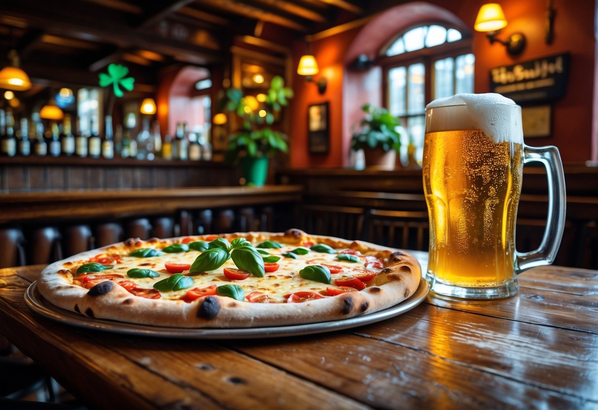 A wooden table in a Dublin pub with a pizza and a pint of beer, surrounded by warm lighting and traditional pub decor.