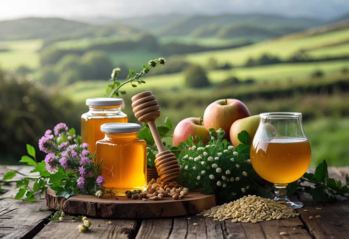 A wooden table with jars of honey, wildflowers, apples, barley grains, and a glass of amber mead, set against a blurred green Irish countryside background.