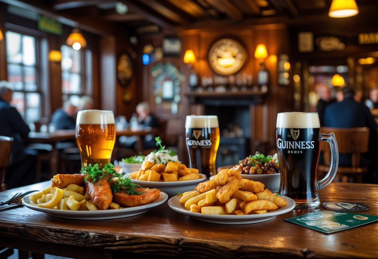 A wooden table in an Irish pub with traditional dishes like fish and chips and a pint of beer, surrounded by warm pub interior details.