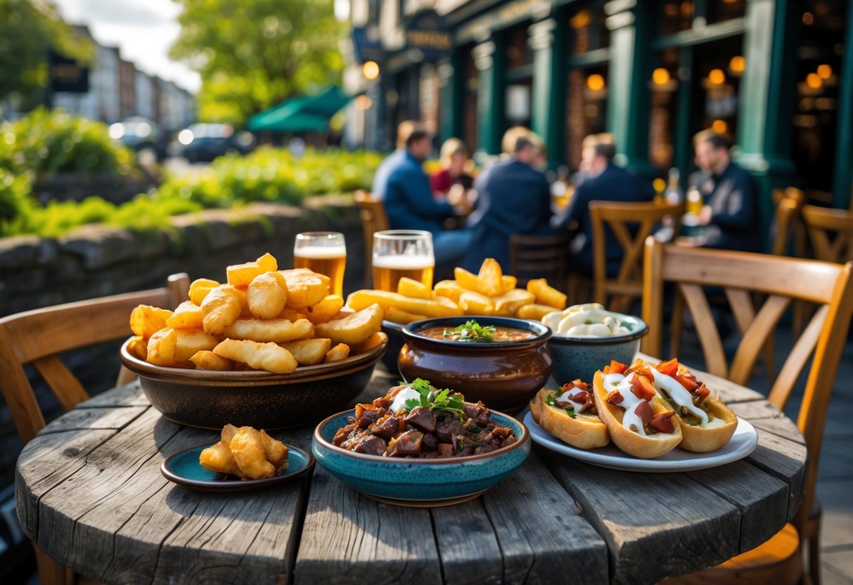 Outdoor pub table with classic Dublin pub dishes including fish and chips, stew, soda bread, and potato skins, with people dining and greenery around.