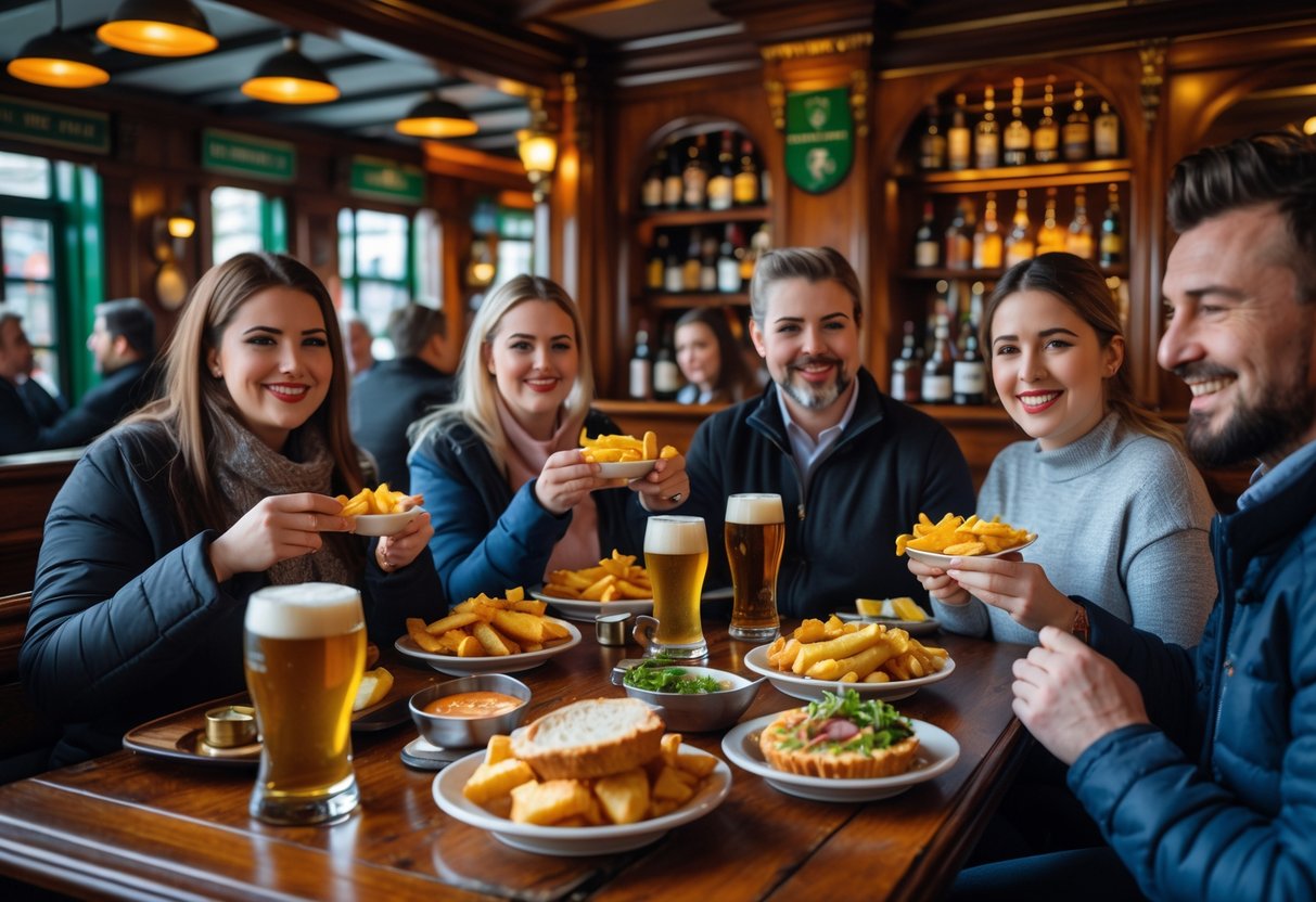 Interior of a lively Dublin pub with people enjoying traditional Irish food and drinks at wooden tables.