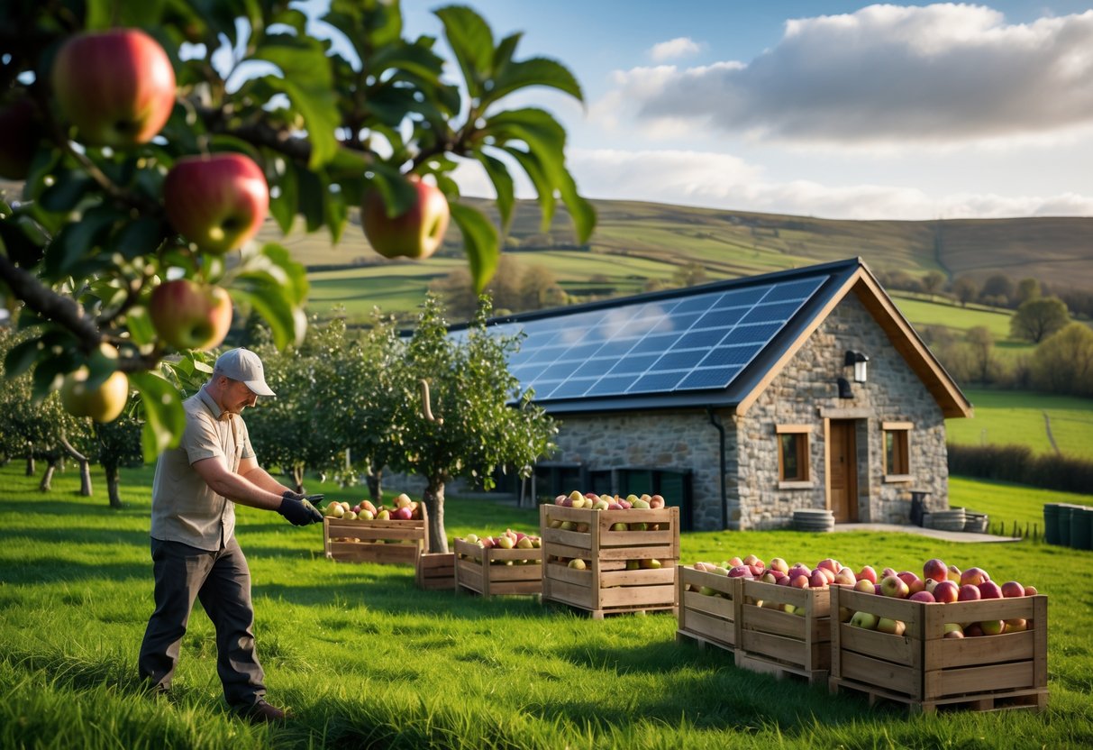 A farmer picking apples in a green Irish orchard next to crates of apples and a rustic cider production building with solar panels under a blue sky.