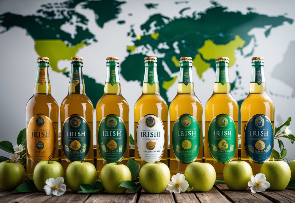 A collection of Irish cider bottles on a wooden table with green apples and apple blossoms, with a blurred world map in the background.