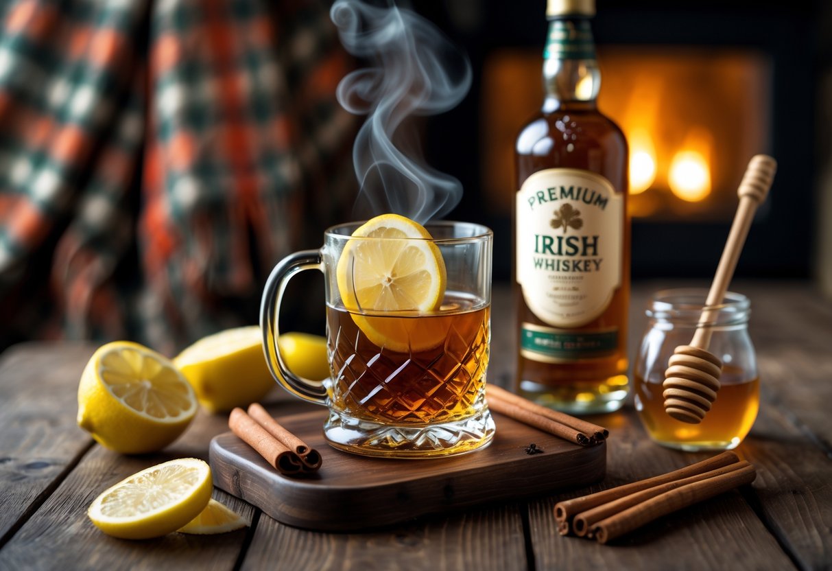 A steaming glass mug of hot whiskey with lemon and cinnamon on a wooden table surrounded by honey, lemon wedges, and cinnamon sticks, with a cozy background including a blanket and fireplace.