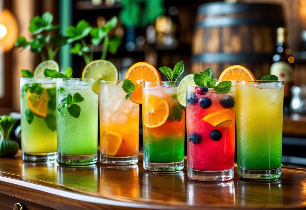 A variety of colorful Irish cocktails garnished with fresh fruit and mint on a wooden bar counter with Irish-themed decor in the background.