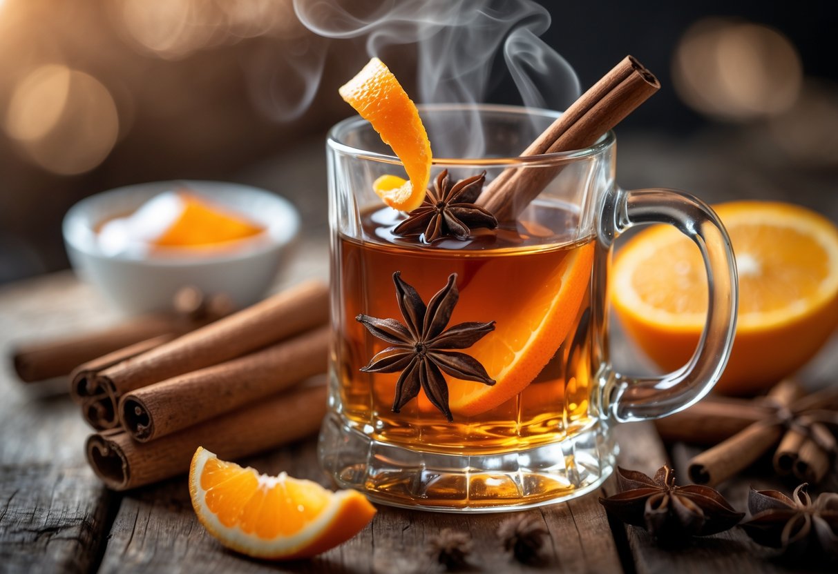 A glass mug of hot whiskey garnished with a cinnamon stick, orange peel, and star anise on a wooden table surrounded by cinnamon sticks, orange slices, star anise, and honey.