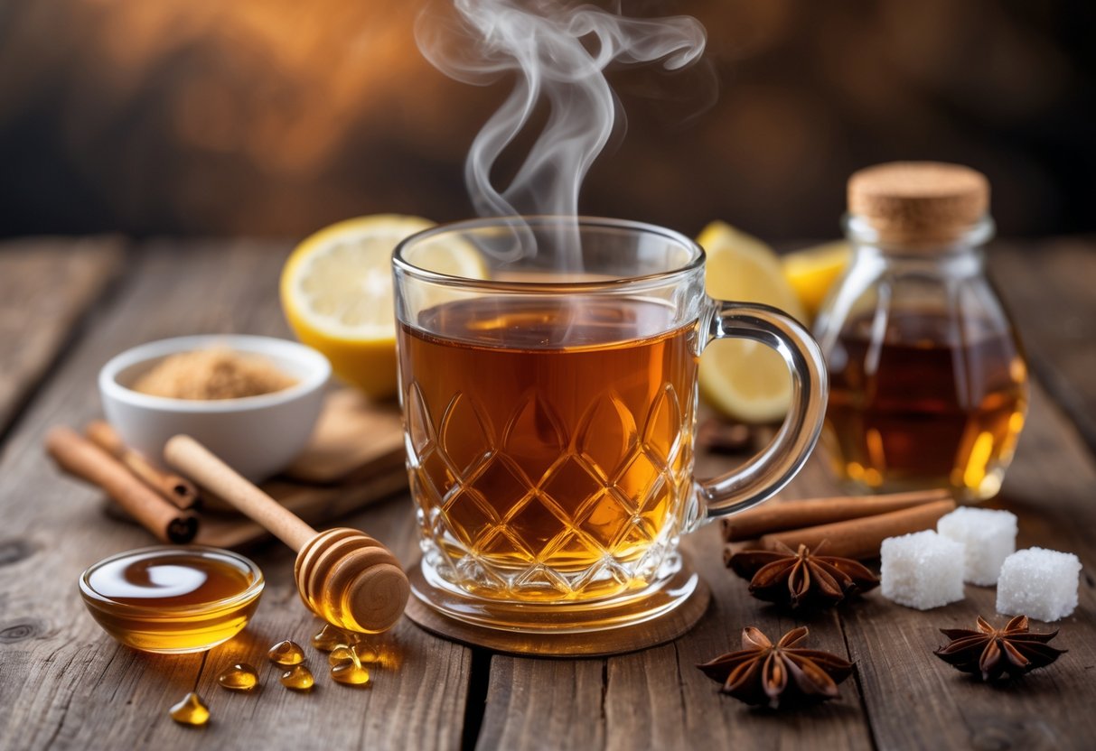 A steaming glass mug of hot whiskey on a wooden table surrounded by honey, brown sugar, maple syrup, sugar cubes, lemon slice, cinnamon sticks, and star anise.