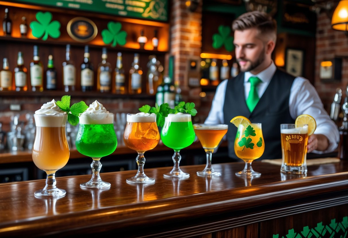 Various Irish cocktails displayed on a wooden bar counter inside a traditional Irish pub with bottles and rustic decor in the background.