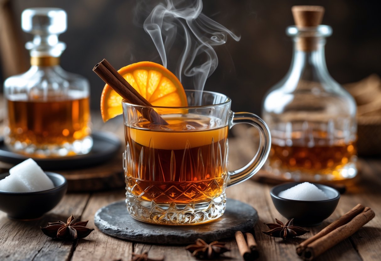 A steaming glass of hot whiskey garnished with cinnamon and orange on a wooden table surrounded by whiskey glassware and spices.
