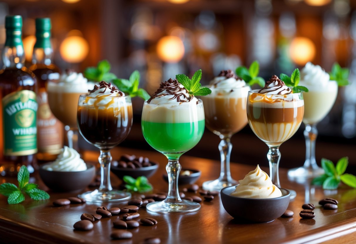 A variety of dessert-inspired Irish cocktails on a wooden bar counter with garnishes and ingredients around them.