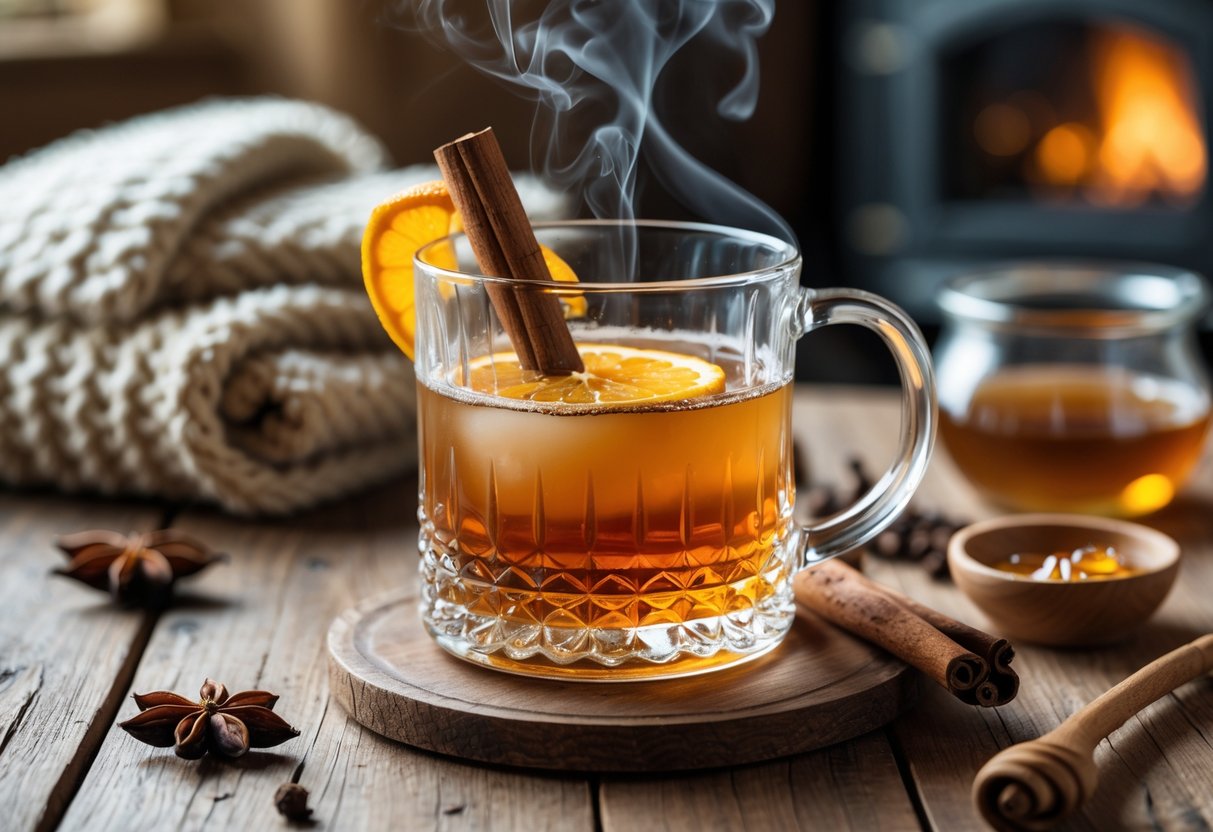 A glass mug of steaming hot whiskey with cinnamon and orange peel on a wooden table surrounded by spices and honey, with a cozy blanket and fireplace in the background.