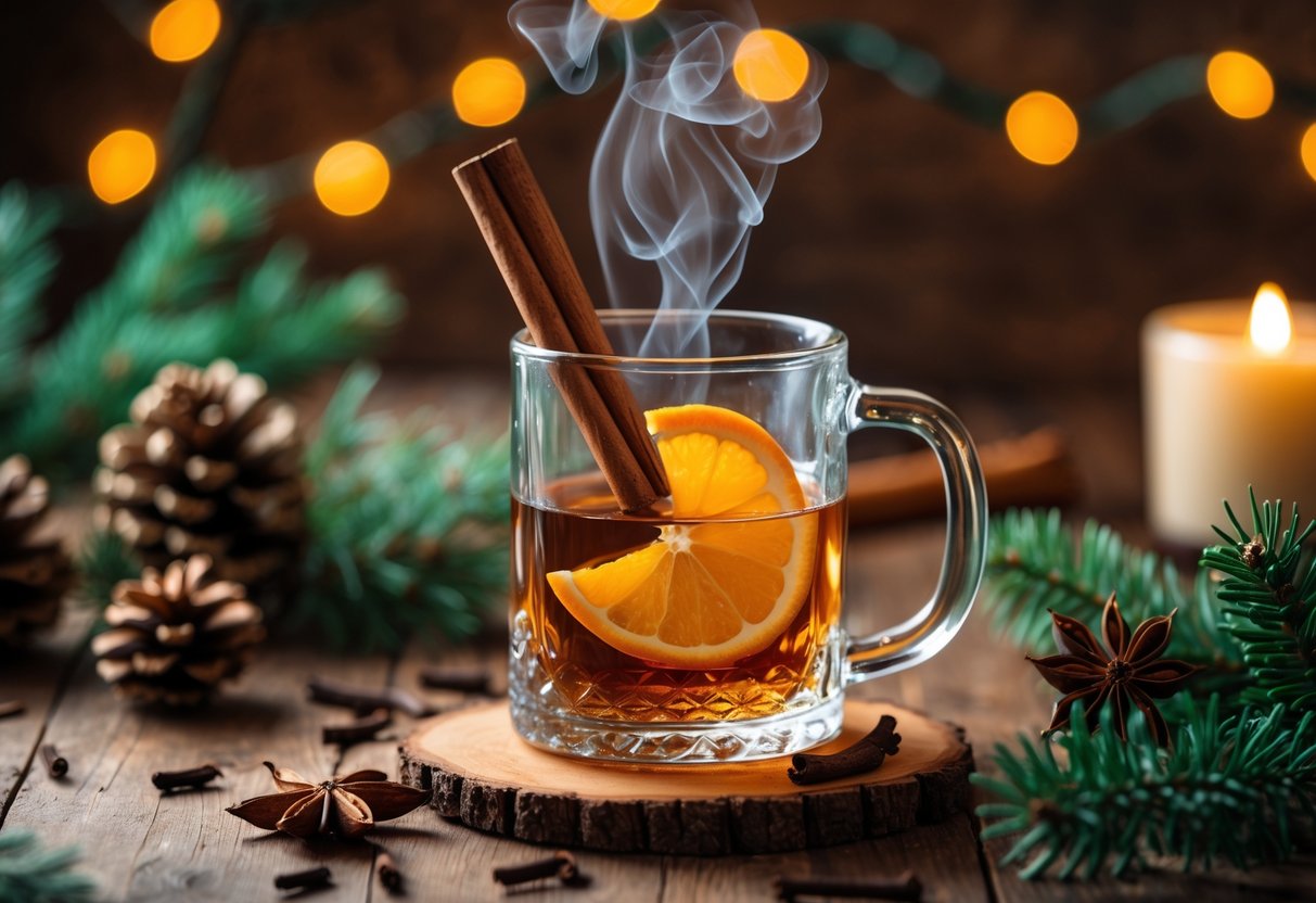 A glass mug of hot whiskey with cinnamon and orange on a wooden table surrounded by pine cones, evergreen branches, and holiday decorations.