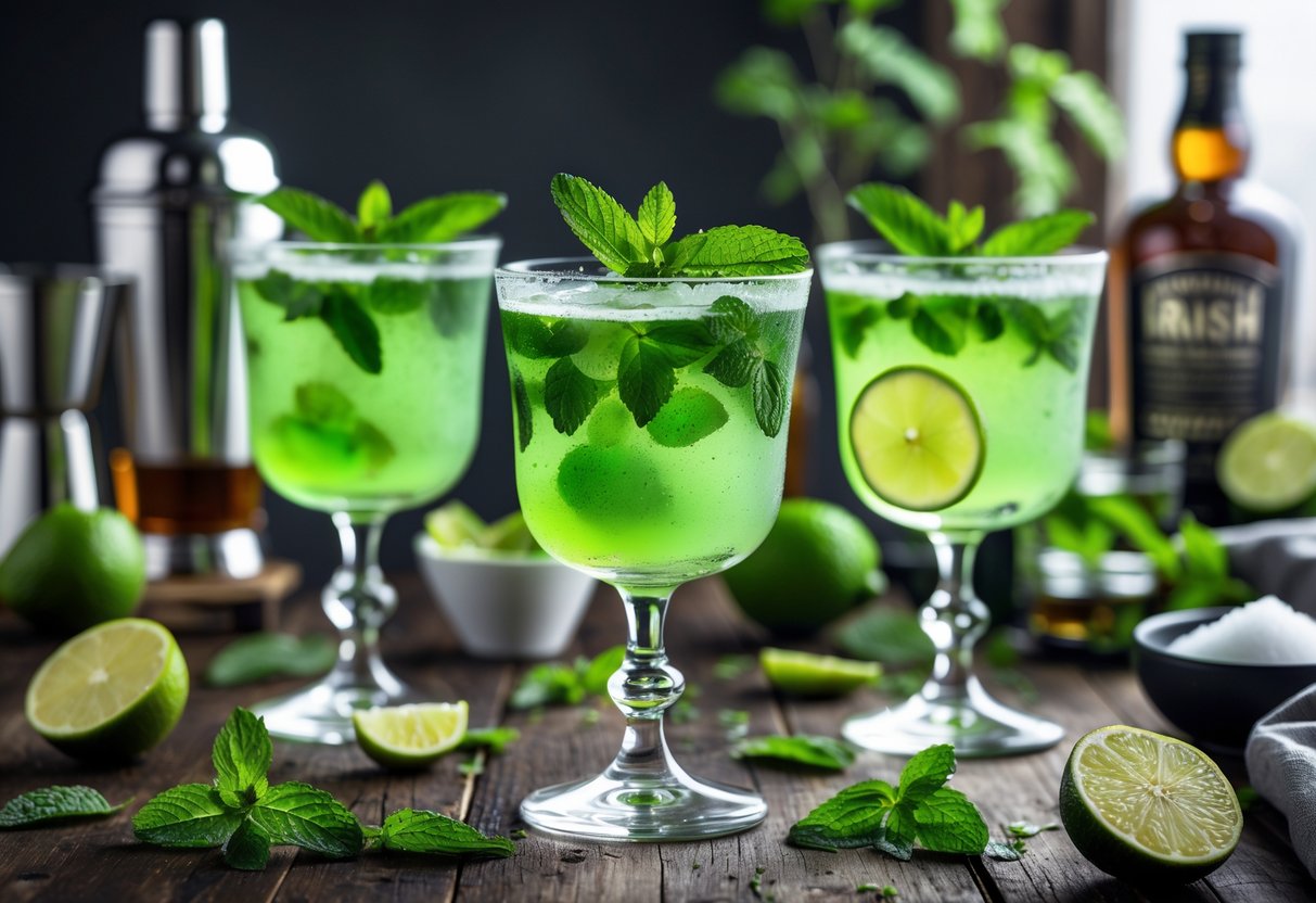 A close-up of green Irish cocktails garnished with fresh mint leaves and lime on a wooden table with mint sprigs and lime slices nearby.