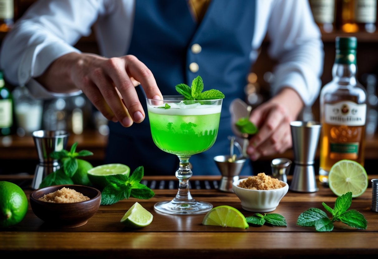 A bartender preparing a green Irish cocktail on a wooden bar counter with fresh ingredients and bottles in the background.