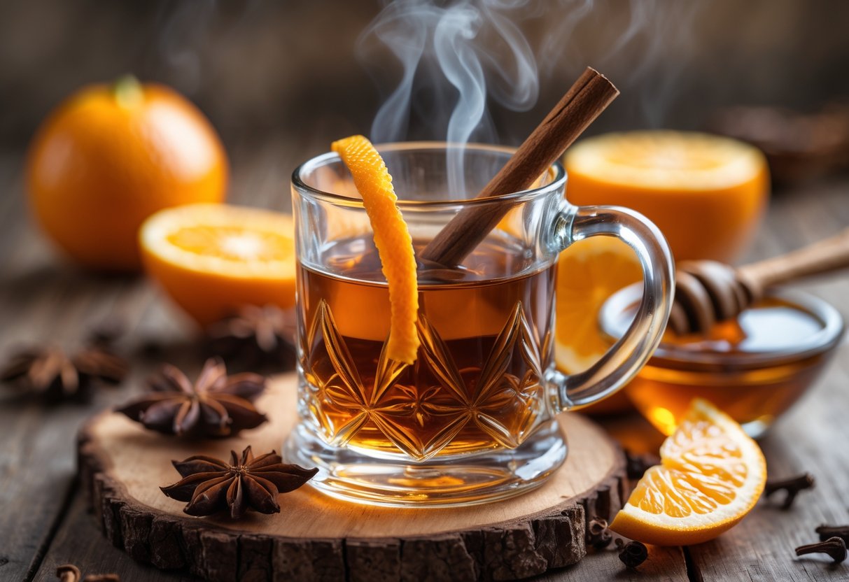 A steaming glass mug of hot whiskey garnished with cinnamon and orange peel, surrounded by spices and orange slices on a wooden table.