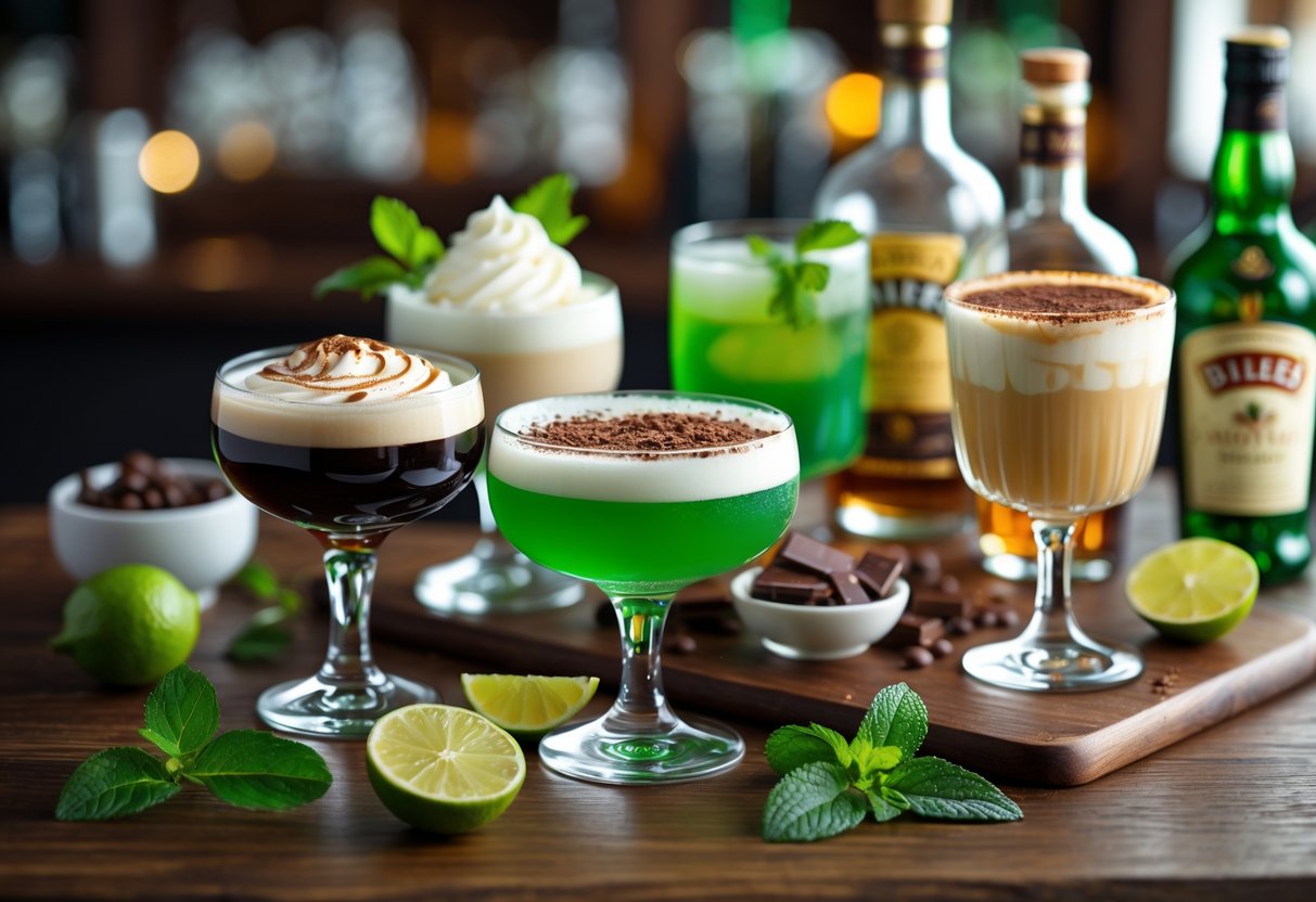 A wooden table with several Irish cocktails in glasses, surrounded by fresh ingredients and whiskey bottles.