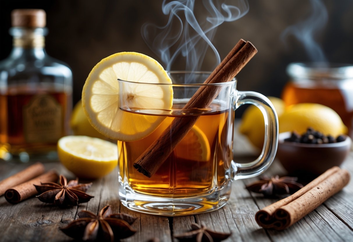 A steaming glass mug of hot whiskey with lemon and cinnamon on a wooden table surrounded by spices and honey.