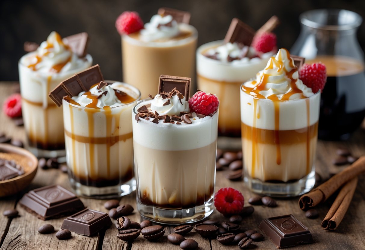 Several glasses of creamy Baileys cocktails garnished with chocolate shavings, whipped cream, and berries on a wooden table with dessert elements around.