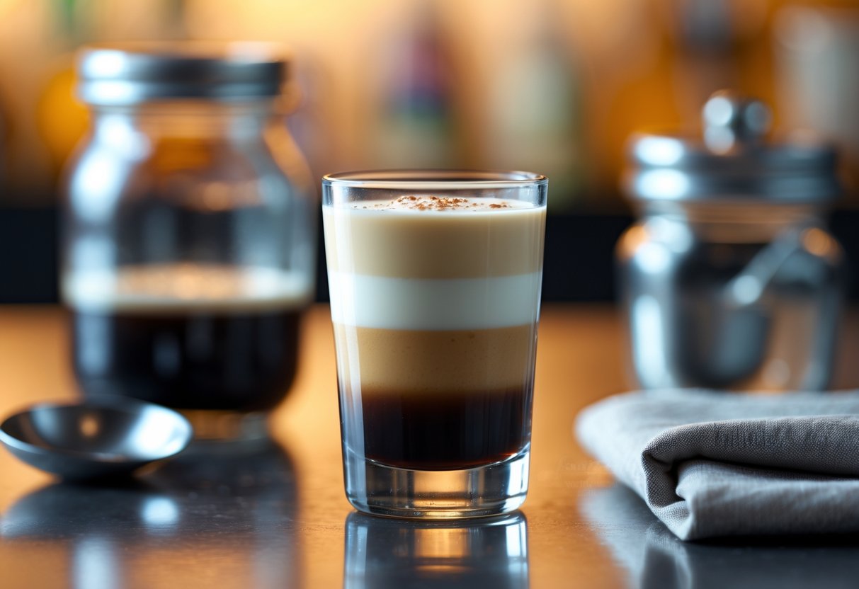 A baby Guinness shot with distinct dark and creamy layers in a small clear shot glass on a reflective surface, surrounded by a glass jar, measuring spoon, and cloth napkin.