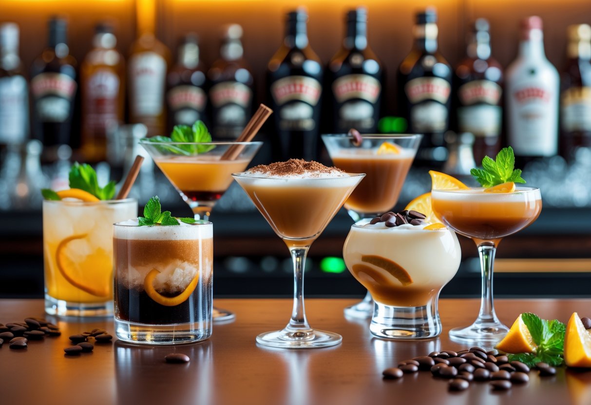 A variety of Baileys cocktails with garnishes arranged on a wooden bar counter in an elegant setting.