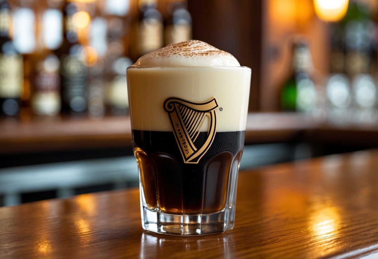 A small layered cocktail glass with a dark coffee liqueur base and creamy top on a wooden bar counter with blurred bar background.