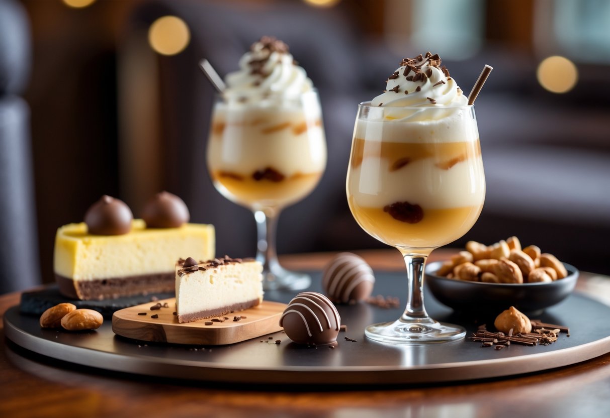 Two Baileys cocktails with whipped cream and chocolate shavings on a wooden table surrounded by chocolate truffles, cheesecake slices, and toasted nuts.