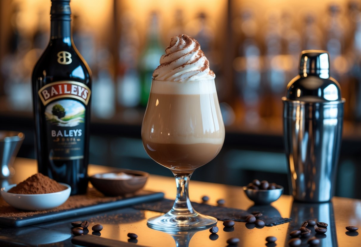 A Baileys cocktail in a glass topped with whipped cream and cocoa powder on a bar counter with a bottle of Baileys, cocoa powder, coffee beans, and a cocktail shaker nearby.