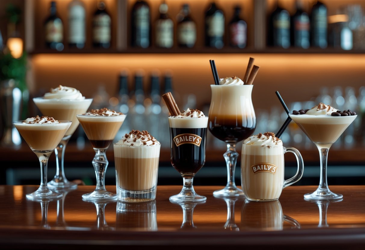 A bar counter with several Baileys cocktails in different glasses, garnished with chocolate and cream, set against a softly lit background with bottles and bar tools.