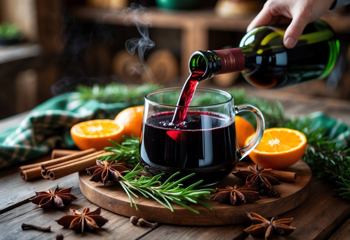 A pot of steaming mulled red wine on a wooden table surrounded by spices and orange slices, with a hand pouring red wine into the pot.