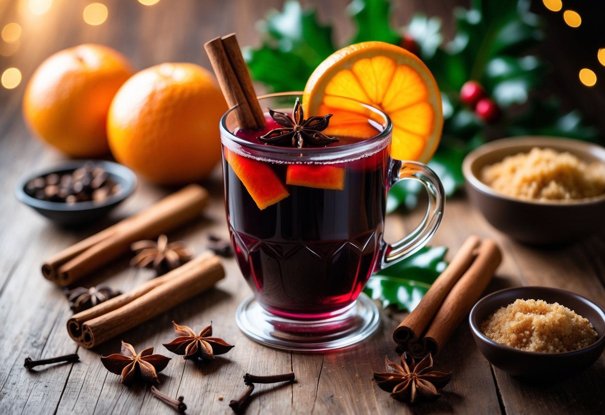 A glass mug of mulled wine garnished with cinnamon, star anise, and orange slices surrounded by spices and ingredients on a wooden table.