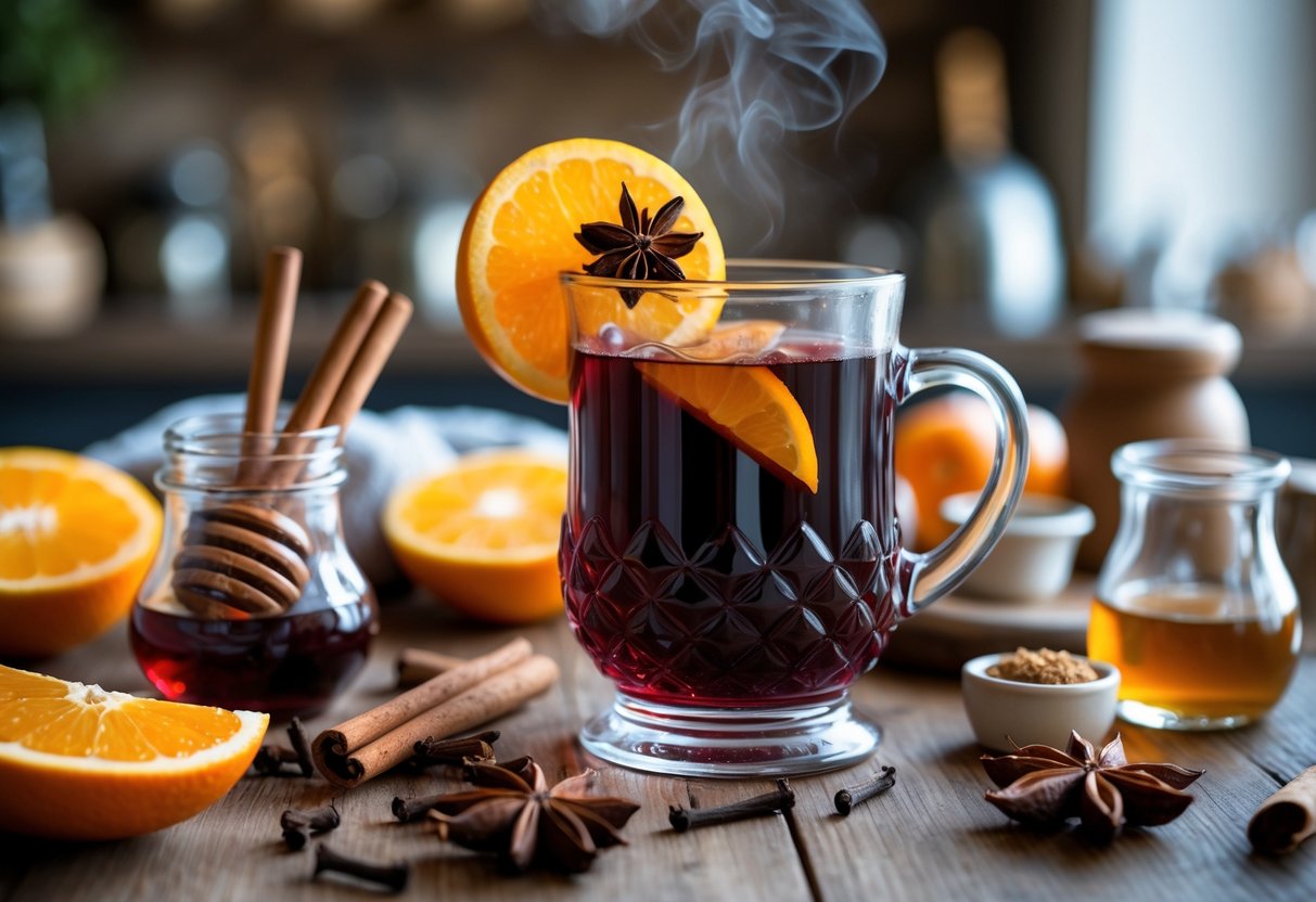 A steaming glass of Irish mulled wine garnished with cinnamon and orange on a wooden table surrounded by honey, brown sugar, cloves, and spices.