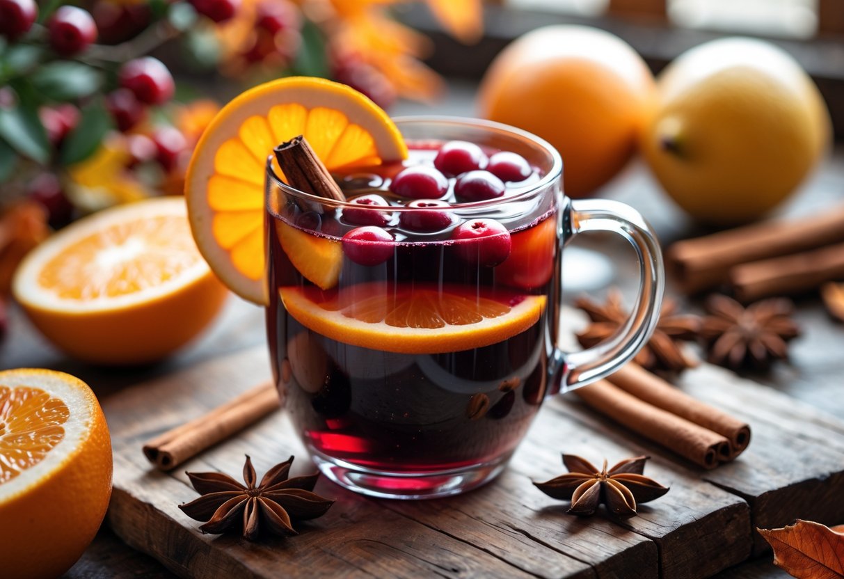 A glass mug of Irish mulled wine garnished with citrus slices, cinnamon sticks, and cranberries on a wooden table surrounded by fresh fruits and spices.