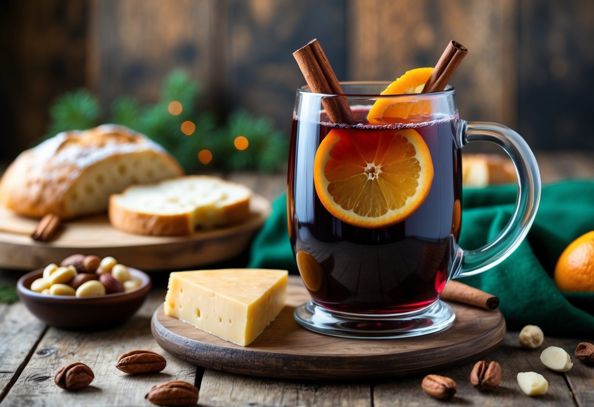 A glass of Irish mulled wine with cinnamon and orange on a wooden table alongside soda bread, nuts, and cheddar cheese.