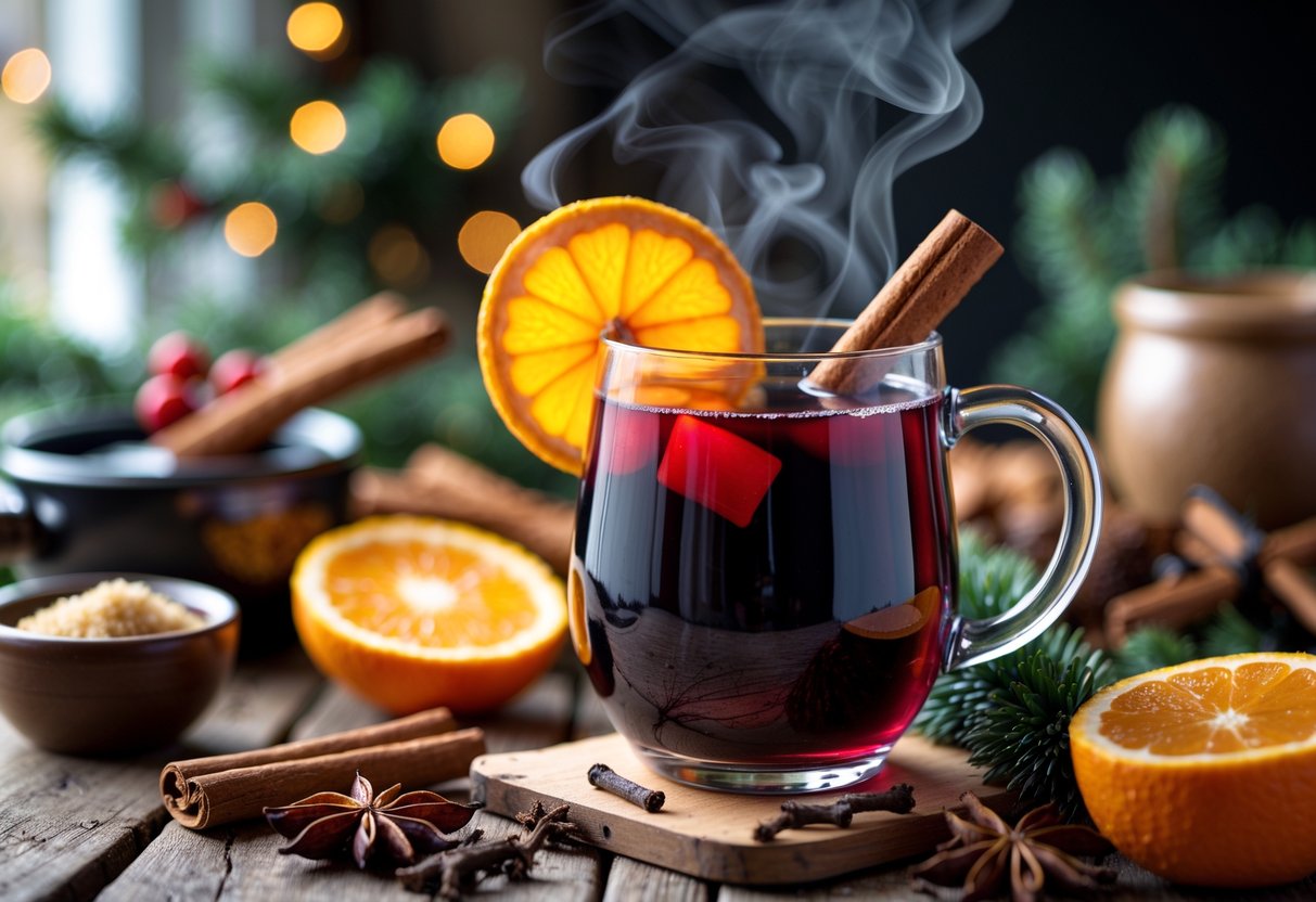 A steaming glass of mulled wine on a wooden table surrounded by spices and orange slices in a cozy kitchen setting.