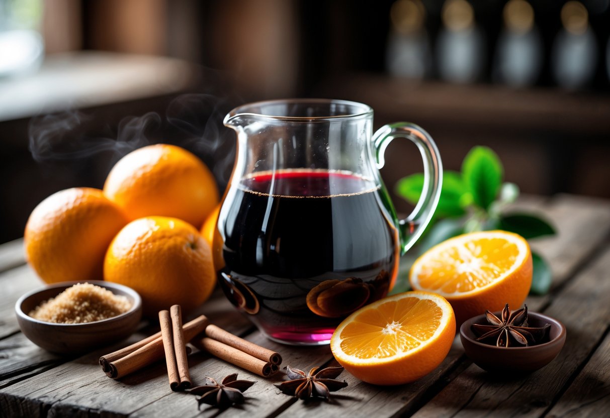 A wooden table with a pitcher of red hot port wine surrounded by oranges, cinnamon sticks, star anise, cloves, and brown sugar.
