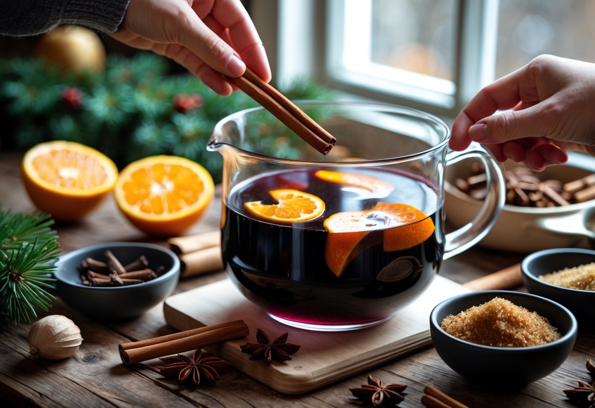 A hand adding a cinnamon stick to a pot of simmering mulled wine surrounded by oranges, spices, and ingredients on a wooden table.