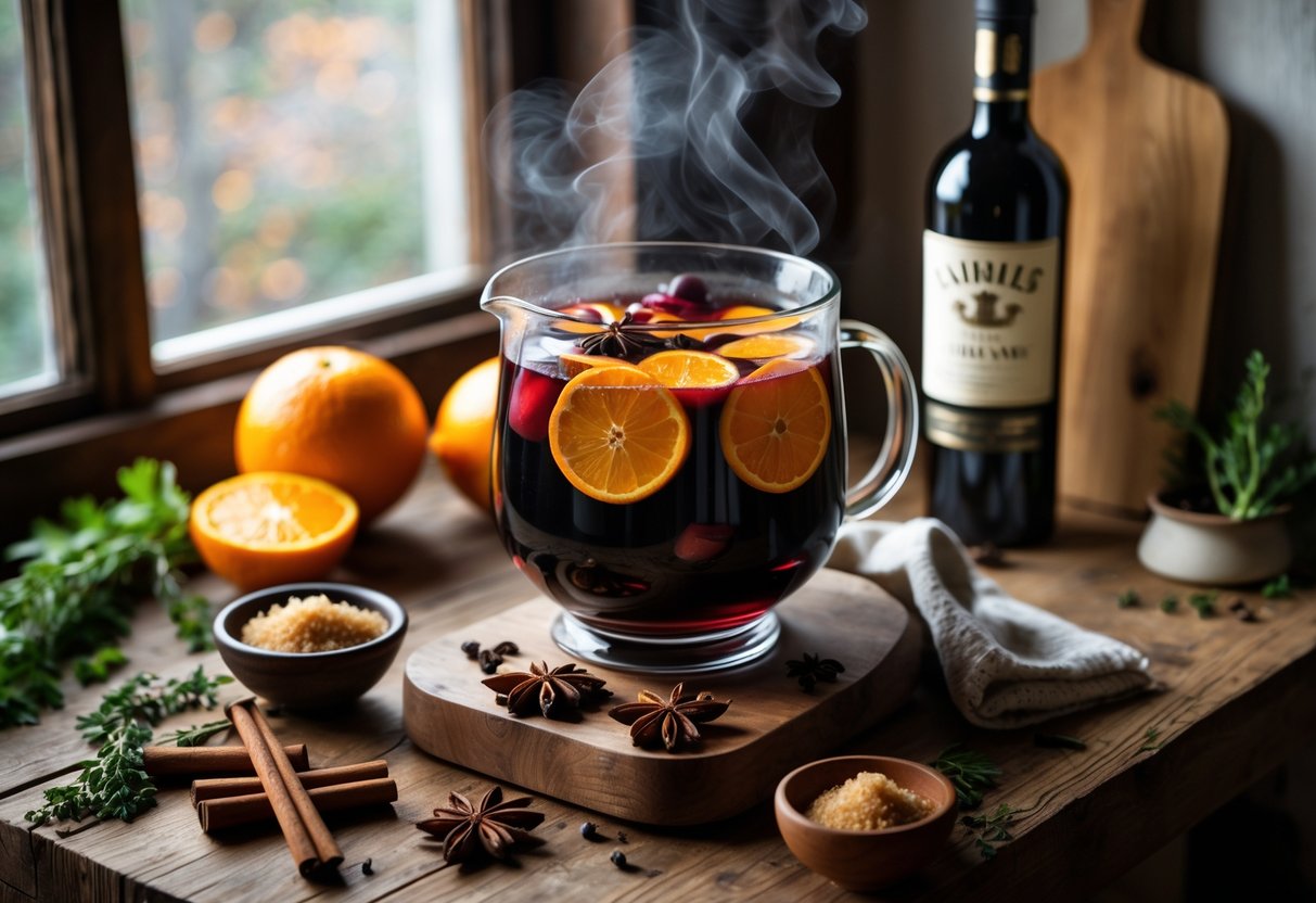 A kitchen table with a glass pot of steaming mulled wine surrounded by oranges, spices, and bottles of Irish whiskey and red wine.