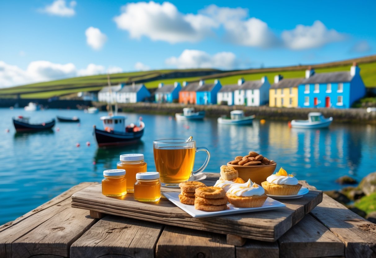 A coastal harbor in Ireland with fishing boats, a wooden table with honey jars, pastries, and a cup of tea, surrounded by colorful cottages and green hills.